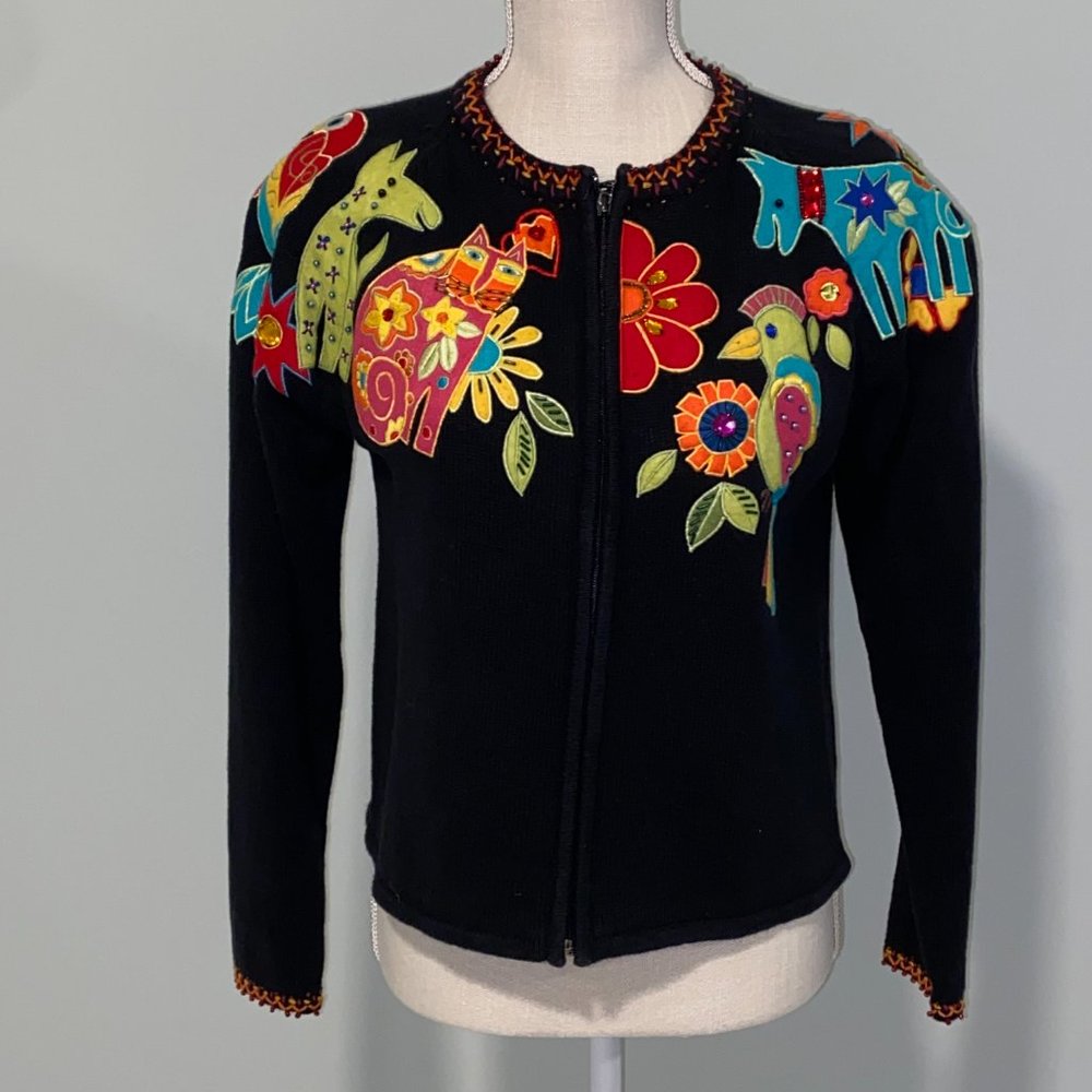 Vintage Jeweled & Beaded Cardigan Sweater Dog Cat Parrot Appliques - Picture 2 of 10